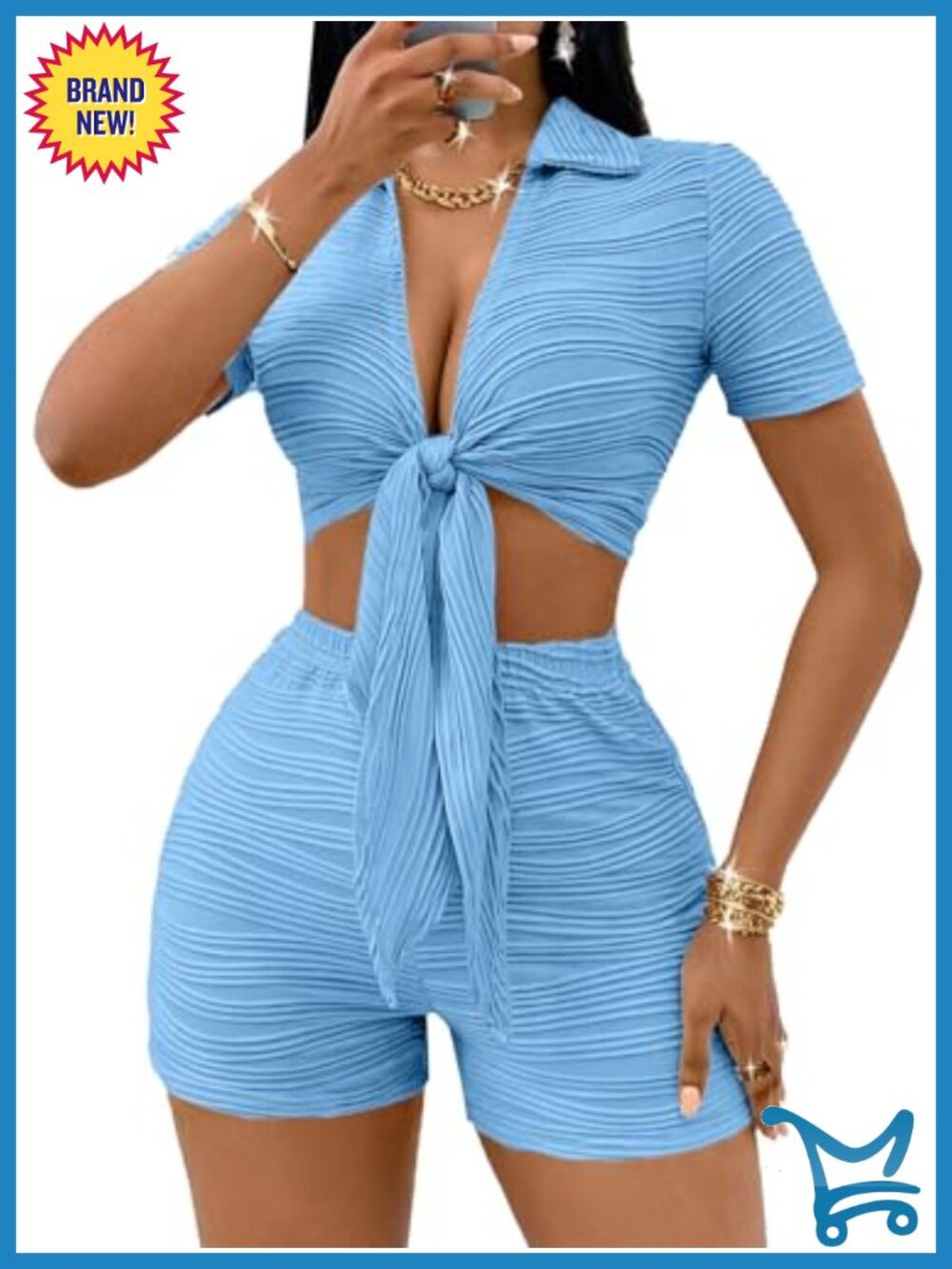 Women's Sexy 2 Piece Set Summer Bodycon Suit Tie Front Crop Top Shorts Outfits
